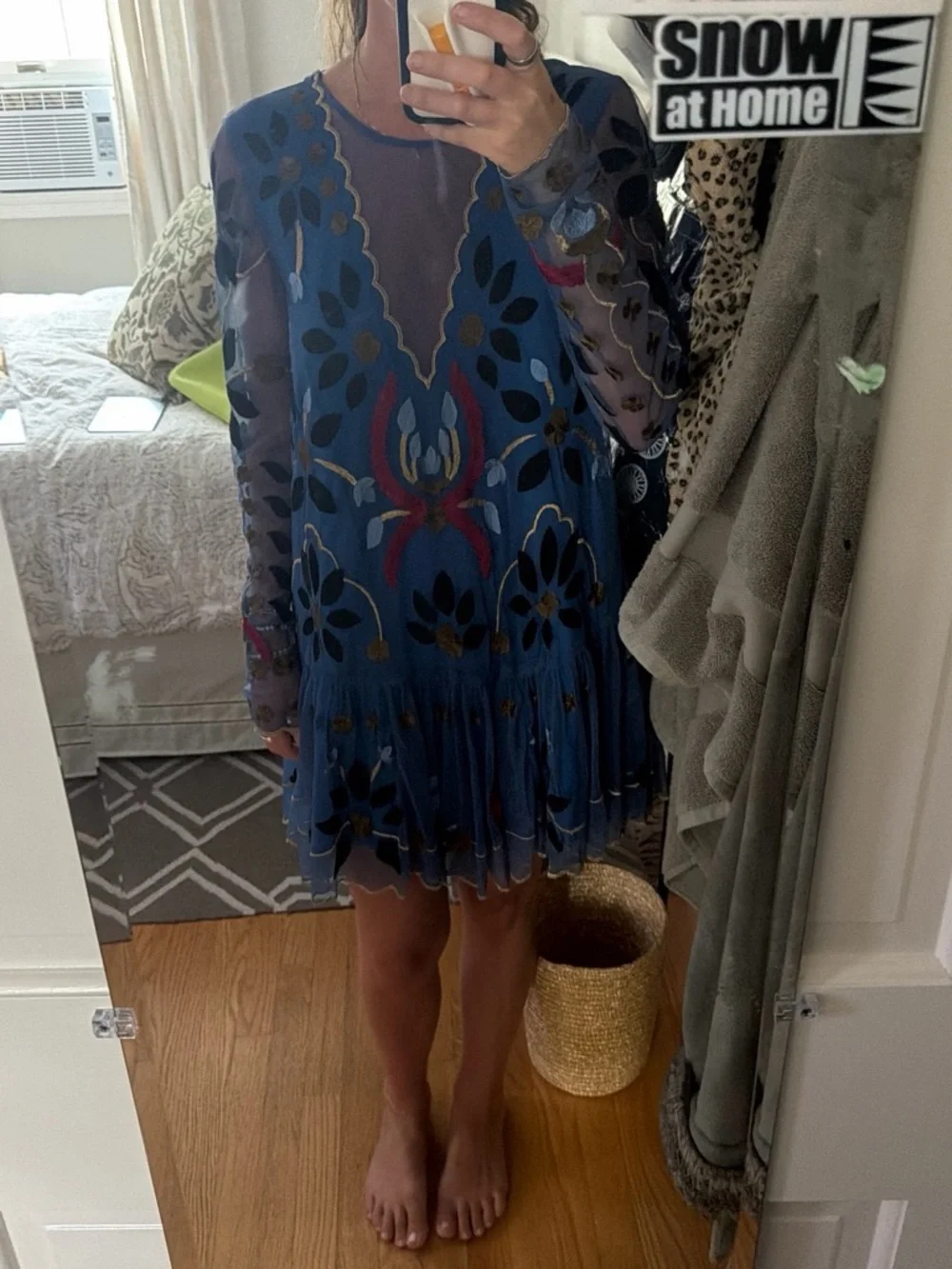 Free People Blue Floral Sheer Long-Sleeve Mini Dress with Multicolor Accents